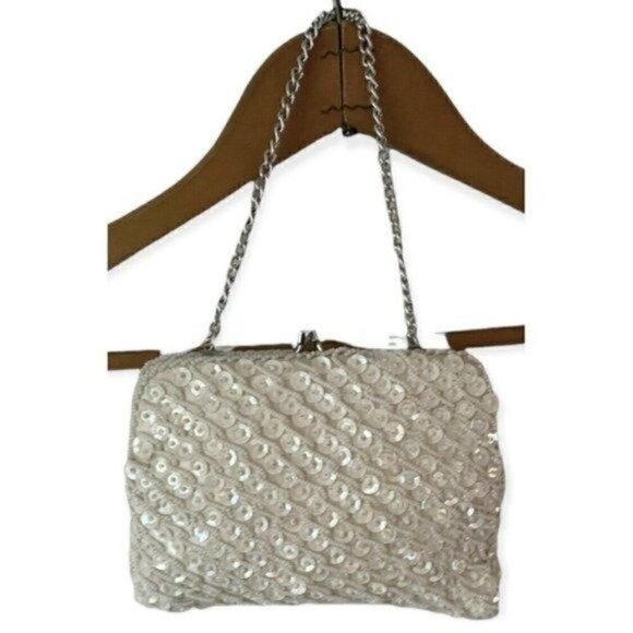60s Vintage Sequined Off White Clutch Purse Hand Made In Hong Kong - Picture 2 of 6